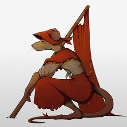  1:1 accessory anthro bottomwear brown_body brown_fur clothed clothing colored crouching digital_media_(artwork) female flag full-length_portrait fully_clothed fur furgonomics gompami hat headgear headwear hi_res hopper_(tnt) mammal murid murine portrait rat red_bottomwear red_clothing red_eyes red_hat red_headwear red_skirt rodent shaded shirt side_view simple_background skirt solo tail tail_accessory tooth_and_tail topwear whiskers white_clothing white_shirt white_topwear 