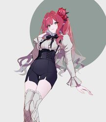  :3 baobhan_sith_(fate) black_bow black_shorts boots bow breasts dress_shirt e-razor fate/grand_order fate_(series) feet_out_of_frame female flower frilled_sleeves frills grey_background grey_eyes hair_flower hair_ornament hand_up highres light_blush long_hair long_sleeves looking_at_viewer pink_hair pointy_ears ponytail red_flower shirt shorts sidelocks smile solo thigh_boots thighs two-tone_background underbust white_background white_footwear white_shirt 