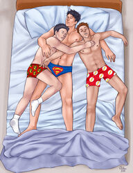  2011 3boys artist_request bart_allen batman_(series) boxers_(clothing) briefs conner_kent dc dc_comics gay kid_flash kon-el laying_on_bed male male_only muscles muscular muscular_male red_robin sleep superboy teen_boy teen_titans tim_drake yaoi young_justice 