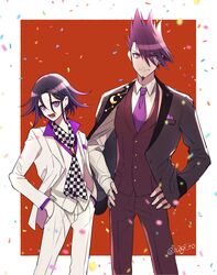  2boys :d black_hair black_jacket border brown_vest checkered_clothes checkered_necktie collared_shirt commentary confetti constellation cowboy_shot crescent crescent_pin danganronpa_(series) danganronpa_10th_anniversary_costume danganronpa_v3:_killing_harmony facial_hair formal goatee hands_in_pockets hands_on_own_hips highres jacket jacket_on_shoulders lapel_pin lapels long_sleeves looking_at_viewer male_focus medium_hair momota_kaito multicolored_hair multiple_boys nagi_to_(kennkenn) necktie notched_lapels official_alternate_costume oma_kokichi open_mouth pants pink_hair pink_necktie purple_eyes purple_hair purple_necktie red_background shawl_lapels shirt short_hair smile spiked_hair star_(symbol) twitter_username two-tone_hair vest white_border white_jacket white_pants white_vest 