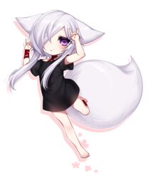  :o aika_(konshin) animal_ears barefoot black_shirt blush chibi double_fox_shadow_puppet female fox_ears fox_shadow_puppet fox_tail full_body grey_hair hair_over_one_eye kitsune konshin original purple_eyes shirt short_hair_with_long_locks sidelocks solo tail white_background 