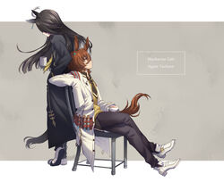  2boys absurdres adapted_costume agnes_tachyon_(umamusume) ahoge animal_ears bishounen black_coat black_hair black_pants brown_hair chair character_name coat coffee_mug crossed_legs cup earrings genderswap_(ftm) gold_trim grey_background highres holding holding_cup horse_boy horse_ears horse_girl horse_tail jewelry lab_coat long_hair manhattan_cafe_(umamusume) mug multicolored_hair multiple_boys necktie outside_border pants recursive_genderswap red_eyes rule_63 sasar1211 shoes short_hair single_earring sitting sleeves_past_fingers sleeves_past_wrists tail tea teacup test_tube two-tone_hair umamusume white_footwear white_hair yellow_necktie zipper 