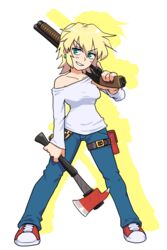  asymmetrical_dual_wielding averting_eyes axe blonde_hair blue_eyes blue_pants borrowed_character breasts buckle chains collarbone colored_shadow commentary_request cross-laced_footwear drop_shadow dual_wielding earrings female fire_axe full_body grin gun hair_between_eyes highres holding holding_axe holding_gun holding_weapon ithaca_m37 jewelry legs_apart looking_to_the_side medium_breasts multiple_weapons muu_(mumumer) off_shoulder original over_shoulder pants pocket pouch pump_action red_footwear sawed-off_shotgun shadow shirt shoes shotgun simple_background single_bare_shoulder smile sneakers solo standing thigh_pouch two-tone_footwear v-shaped_eyebrows weapon weapon_over_shoulder white_footwear white_shirt yellow_background 