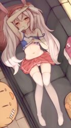  animal_ears arm_up armpits ass_visible_through_thighs azur_lane character_doll collarbone commentary couch fake_animal_ears female food from_above hair_between_eyes hairband head_tilt highres holding irokari laffey_(azur_lane) long_hair looking_at_viewer looking_up lying manjuu_(azur_lane) midriff mouth_hold navel panties pantyshot popsicle rabbit_ears red_eyes red_skirt sidelocks skirt solo striped_clothes striped_panties stuffed_animal stuffed_toy sweatdrop thighhighs thighs twintails underwear undressing white_hair white_thighhighs zettai_ryouiki 