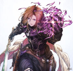  armor belt black_armor black_knight_(granblue_fantasy) brown_hair commentary_request energy female gauntlets granblue_fantasy holding holding_sword holding_weapon ivris leaning_forward magic purple_eyes scabbard sheath short_hair simple_background solo sword weapon white_background 