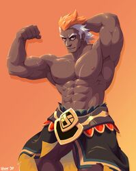  1boy abs arm_behind_head armpits arms_up bara biceps closed_mouth commentary dark-skinned_male dark_skin english_commentary feet_out_of_frame fire_emblem flexing helbindi_(fire_emblem) highres horns large_pectorals looking_at_viewer male_focus multicolored_hair muscular muscular_male navel nipples orange_hair pectorals pose scar scar_on_arm scar_on_chest short_hair sideburns single_horn solo stomach thighs topless_male two-tone_hair very_dark_skin voviat white_hair wrinkled_skin 