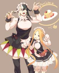  1boy :d abigail_williams_(fate) abigail_williams_(fate)_(cosplay) abigail_williams_(festival_outfit)_(fate) abigail_williams_(festival_outfit)_(fate)_(cosplay) age_difference alternate_costume apron ashiya_douman_(fate) asymmetrical_hair bad_id bad_twitter_id bell black_dress black_eyes black_hair black_legwear claw_pose contrapposto cosplay curly_hair dress earrings english_text enmaided fate/grand_order fate_(series) female fingernails food frilled_skirt frills green_lips green_nails hair_bell hair_between_eyes hair_intakes hair_ornament jewelry leaning_forward lipstick lolicon long_hair magatama magatama_earrings maid maid_apron maid_headdress makeup matching_outfits morumoru_(kuromrmr) multicolored_hair official_alternate_costume open_mouth pancake pancake_stack pectorals sharp_fingernails skirt sleeves_past_wrists smile split-color_hair thighhighs toned toned_male two-tone_hair very_long_fingernails very_long_hair white_hair 