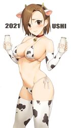  2021 absurdres animal_ears animal_print bare_shoulders bell bikini blush bottle breasts brown_eyes brown_hair chinese_zodiac closed_mouth collar commentary cow_ears cow_horns cow_print cow_print_bikini earrings elbow_gloves fake_animal_ears female fingerless_gloves gloves hands_up highres holding holding_bottle horns idolmaster idolmaster_cinderella_girls jewelry large_breasts looking_at_viewer milk_bottle mizuki_seira navel neck_bell new_year onao print_bikini print_thighhighs raised_eyebrows romaji_text short_hair side-tie_bikini_bottom simple_background skindentation solo standing string_bikini swimsuit thighhighs thighs underboob white_background year_of_the_ox 