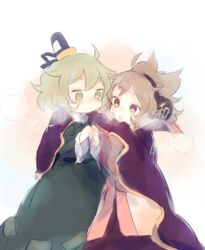  2girls ashiyu_(ashu-ashu) blush brown_hair cape closed_mouth earmuffs ghost_tail green_eyes green_hair hair_between_eyes hat long_sleeves multiple_girls ofuda ofuda_on_clothes open_mouth pointy_hair shared_cape shared_clothes short_hair simple_background soga_no_tojiko steam tate_eboshi touhou toyosatomimi_no_miko white_background 