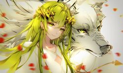  1boy 1other androgynous animal bad_id bad_twitter_id cleavage_cutout clothing_cutout english_commentary enkidu_(fate) fate/strange_fake fate_(series) green_eyes green_hair kiyochii laurel_crown long_hair petals petting snout unfinished wolf wolf_(fate) 