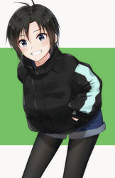  :d black_eyes black_hair black_jacket black_pantyhose blue_shorts cowlick female grin hand_in_pocket highres idolmaster idolmaster_(classic) idolmaster_2 jacket kikuchi_makoto light_blush long_sleeves mogskg open_mouth pantyhose pantyhose_under_shorts short_hair shorts sidelocks simple_background smile solo standing 