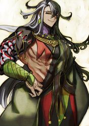  1boy ashiya_douman_(fate) asymmetrical_clothes asymmetrical_hair bell black_eyes black_hair covered_abs cowboy_shot curly_hair earrings fate/grand_order fate_(series) fingernails green_kimono green_nails hadanugi_dousa hair_bell hair_between_eyes hair_intakes hair_ornament half-closed_eyes highres japanese_clothes jewelry kimono long_hair magatama magatama_earrings male_focus multicolored_hair muscular muscular_male nonono_nagata onmyouji open_clothes open_kimono pectorals ribbed_sleeves sharp_fingernails smile solo split-color_hair two-tone_hair very_long_fingernails very_long_hair white_hair 