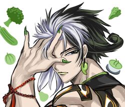  1boy alternate_hair_length alternate_hairstyle ashiya_douman_(fate) ashiya_douman_(second_ascension)_(fate) asymmetrical_hair bead_bracelet beads black_eyes black_hair bracelet broccoli close-up cucumber curly_hair earrings fate/grand_order fate_(series) fingernails food from_behind fruit green_nails green_tea highres jewelry lettuce magatama magatama_earrings male_focus multicolored_hair muscular muscular_male nape nonono_nagata orange_(fruit) pear sharp_fingernails short_hair solo tea two-tone_hair very_long_fingernails white_background white_hair 