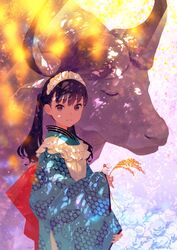  back_bow black_hair blue_kimono bow bull chinese_zodiac dappled_sunlight female flower highres japanese_clothes kimono long_sleeves looking_at_viewer maeya_susumu maid_headdress mouse_(animal) original parted_lips red_bow red_eyes shadow smile solo sunlight twintails upper_body wheat white_flower wide_sleeves year_of_the_ox 