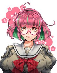  ahoge blouse bow bowtie breasts cherry_blossom_print collarbone corset floral_background floral_print glasses green_hair green_shirt grey_sailor_collar highres juliet_sleeves kantai_collection kazaharu_matsuhata large_breasts lips long_sleeves multicolored_hair pink-framed_eyewear pink_hair ponytail puffy_sleeves red_bow red_eyes sailor_collar sailor_shirt shirt short_hair streaked_hair twitter_username ume_(kancolle) upper_body white_background 