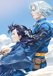  1boy artist_name black_hair blue_robe blue_sky cloud cloudy_sky day female ferdinand_(honzuki_no_gekokujou) flower grey_hair hair_flower hair_ornament highres honzuki_no_gekokujou jane_mere long_hair long_sleeves myne_(honzuki_no_gekokujou) profile robe short_hair sky smile white_flower yellow_eyes 