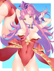  angela_(seiken_densetsu_3) arms_behind_head ass bare_shoulders breasts cleavage collar covered_navel earrings female gloves green_eyes hair_intakes headwear_request impossible_clothes jewelry kippuru leotard long_hair looking_at_viewer medium_breasts multiple_views pointy_ears purple_gloves purple_hair red_leotard seiken_densetsu seiken_densetsu_3 sidelocks smile 