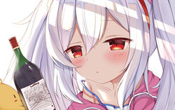  azur_lane bird blush bottle character_name chick collarbone commentary female hair_between_eyes hairband highres irokari jacket laffey_(azur_lane) long_hair looking_at_another manjuu_(azur_lane) parted_lips red_eyes shade sidelocks simple_background twintails white_background white_hair wine_bottle 