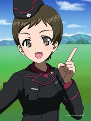  artist_name black_hat black_jacket blue_sky brown_eyes brown_hair cloud cloudy_sky commentary_request dated day dress_shirt female garrison_cap girls_und_panzer hat highres index_finger_raised insignia jacket kojima_emi kuromorimine_military_uniform long_sleeves looking_at_viewer military military_hat military_uniform mountain naotosi open_mouth outdoors red_shirt shirt short_hair sky smile solo uniform very_short_hair wing_collar 