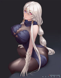  artist_name ass atelier_(series) atelier_ryza atelier_ryza_1 aztodio bare_shoulders black_bodysuit blue_eyes blue_scarf bodysuit breasts cleavage commentary elbow_gloves english_commentary feather_trim female from_side gloves hair_between_eyes hand_on_own_knee heterochromia highres large_breasts lila_decyrus looking_at_viewer looking_to_the_side multi-tied_hair parted_lips patreon_username photoshop_(medium) pink_eyes pink_lips scarf sitting skin_tight solo twisted_torso watermark web_address white_gloves white_hair 