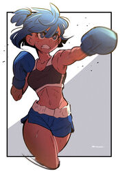  amazu_(kurozu) black_sports_bra blue_eyes blue_gloves blue_hair blue_shorts border borrowed_character boxing_gloves breasts cropped_legs dif_(difman) dolphin_shorts female gloves grimace highres motion_blur navel original outside_border petite punching serious short_hair shorts signature simple_background small_breasts solo sports_bra sweat tan topknot white_border 