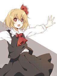  arms_up ascot black_skirt black_vest blonde_hair clip_studio_paint_(medium) collared_shirt female grey_background hair_between_eyes hair_ribbon hands_up highres long_sleeves looking_away namori_(style) open_mouth red_ascot red_eyes red_ribbon ribbon rumia sasaki_sakiko shirt short_hair skirt smile solo touhou vest white_background white_shirt 