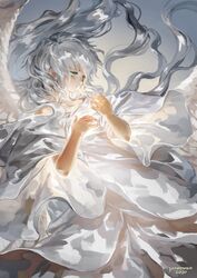  angel_wings artist_name feathered_wings female floating_hair glowing green_eyes grey_hair hands_up highres jane_mere long_hair original short_sleeves solo upper_body white_wings wings 