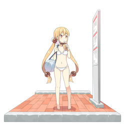  bag bare_arms bare_legs bare_shoulders barefoot bell blonde_hair blush bra breasts brown_choker bubble_tea chinese_commentary choker collarbone commentary_request cup disposable_cup drinking_straw duffel_bag female full_body groin hair_between_eyes hair_bobbles hair_ornament hatsunatsu holding holding_cup holding_strap long_hair looking_away looking_to_the_side multi-strapped_panties navel neck_bell panties red_eyes small_breasts solo standing twintails underwear underwear_only very_long_hair white_background white_bra white_panties xiaoyuan_(you_can_eat_the_girl) you_can_eat_the_girl 