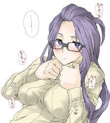  black-framed_eyewear blush breasts dutch_angle elf_(stroll_in_the_woods) female glasses heart heartbeat highres kagamihara_sakura long_hair looking_at_viewer medium_breasts purple_eyes purple_hair solo sweater translated turtleneck white_background white_sweater yurucamp 