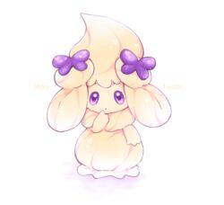  alcremie alcremie_(caramel_swirl) alcremie_(ribbon_sweet) cesar commentary_request english_text full_body highres looking_at_viewer no_humans pokemon pokemon_(creature) purple_eyes ribbon simple_background solo standing white_background 