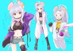  animal_ears asymmetrical_legwear black_legwear blue_archive blue_background casual female grey_hair highres kyuuri_(miyako) lab_coat long_hair mask mouse_ears mouse_tail mouth_mask navel nezusuke_(blue_archive) official_alternate_costume red_eyes saya_(blue_archive) saya_(casual)_(blue_archive) shorts simple_background sleeveless solo tail 