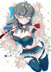  blue_bow blue_skirt blue_thighhighs bow bowtie breasts crop_top genderswap_(mtf) glasses grey_hair hairbow ike_eveland ivy_eveland kokuchuutei long_hair midriff multicolored_hair navel nijisanji nijisanji_en otoko_no_ko rule_63 skirt stomach thighhighs yellow_eyes 