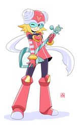  ;) blonde_hair bodysuit boots closed_mouth dress em_wave_change_(mega_man) female full_body gloves green_eyes guitar harp_note_(mega_man) heart helmet holding holding_instrument instrument looking_at_viewer mega_man_(series) mega_man_star_force muu_(mumumer) one_eye_closed pantyhose scarf short_hair simple_background smile solo standing striped visor white_background 