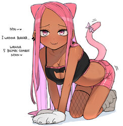  animal_hands blush bow breasts cat_lingerie cat_tail cleavage dark-skinned_female dark_skin earrings english_text female fishnet_thighhighs fishnets gloves jewelry large_breasts legs_together long_hair looking_at_viewer meme_attire ohasi original paw_gloves pink_(ohasi) pink_hair simple_background single_thighhigh solo sweat tail tail_bow tail_ornament thighhighs white_background 