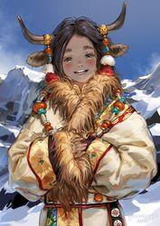  animal_ears artist_name blue_sky blush chinese_zodiac cow_ears cow_girl dated day female fur_trim highres horns jane_mere jewelry long_sleeves mountain necklace open_mouth original outdoors sky smile solo upper_body year_of_the_ox 