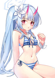  absurdres bikini blue_archive blue_hair breasts chise_(blue_archive) chise_(swimsuit)_(blue_archive) cowboy_shot female flower hair_flower hair_ornament halo highres horns iznal looking_at_viewer oni_horns red_eyes red_horns sailor_bikini sailor_collar side-tie_bikini_bottom side_ponytail simple_background small_breasts solo striped_bikini striped_clothes swimsuit white_background white_sailor_collar wristband 