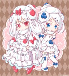  2girls alcremie alcremie_(berry_sweet) alcremie_(salted_cream) alcremie_(strawberry_sweet) argyle_background blue_eyes blueberry brown_background commentary_request food fruit full_body kirin_(kanata_walk) long_hair looking_at_viewer multiple_girls pokemon red_eyes standing strawberry white_theme 