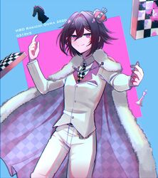  1boy 2020 absurdres alternate_costume bad_hands black_hair cele_(310v3) chains character_name checkered_clothes checkered_scarf chess_piece chessboard collared_shirt commentary cowboy_shot crown danganronpa_(series) danganronpa_v3:_killing_harmony fur-trimmed_jacket fur_trim hair_between_eyes hair_intakes hand_up highres index_finger_raised jacket long_sleeves looking_at_viewer male_focus mini_crown necktie oma_kokichi pants pink_eyes royal_robe scarf shirt short_hair smile solo tilted_headwear unmoving_pattern white_jacket white_pants white_shirt 