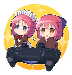  2girls absurdres apron blue_bow blue_eyes blush bow bowtie brown_dress brown_eyes brown_kimono chibi closed_mouth controller dress dualshock game_controller gamepad hair_between_eyes hairbow half_updo highres hisui_(tsukihime) itsuka_neru japanese_clothes juliet_sleeves kimono kohaku_(tsukihime) long_sleeves maid maid_apron maid_headdress mini_person minigirl mixed_maids multiple_girls open_mouth playstation_controller puffy_sleeves red_bow red_bowtie red_hair short_hair siblings sidelocks sisters sleeves_past_fingers sleeves_past_wrists smile tsukihime tsukihime_(remake) twins wa_maid white_apron wide_sleeves 