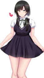  absurdres assault_lily bad_id bad_pixiv_id black_dress black_hair blunt_bangs blush buttons chin_gero closed_mouth collared_shirt commentary_request dress feet_out_of_frame female green_eyes green_ribbons hair_ornament hair_over_shoulder hair_scrunchie heart highres long_hair looking_at_viewer low_ponytail neck_ribbon pinafore_dress ribbon school_uniform scrunchie shirt short_dress side_ponytail simple_background skirt_hold sleeveless sleeveless_dress smile solo standing wang_yujia white_background white_scrunchie white_shirt 