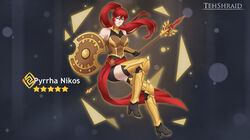  armor artist_name character_name commentary english_commentary female genshin_impact green_eyes hair_between_eyes high_heels highres holding holding_polearm holding_shield holding_weapon long_hair looking_at_viewer polearm ponytail pyrrha_nikos red_hair rwby shield solo spear star_(symbol) tehshraid watermark weapon 