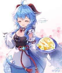  ahoge alternate_costume black_gloves blue_hair blush breasts cleavage closed_eyes detached_sleeves female food ganyu_(genshin_impact) genshin_impact gloves holding holding_food horns korean_commentary long_hair looking_at_viewer medium_breasts nyanya open_mouth prosperous_peace_(genshin_impact) sidelocks smile solo speech_bubble translated very_long_hair vision_(genshin_impact) white_background white_sleeves 