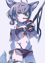  ahoge animal_ear_fluff animal_ears arknights ass_visible_through_thighs bikini black_bikini cowboy_shot cup drinking_straw drinking_straw_in_mouth extra_ears female fox_ears fox_girl fox_tail from_below green_eyes grey_hair hair_ornament highres hip_bones holding holding_cup holding_staff infection_monitor_(arknights) looking_at_viewer material_growth midriff navel off-shoulder_bikini off_shoulder official_alternate_costume originium_(arknights) oripathy_lesion_(arknights) sajimaririri short_twintails solo staff standing sussurro_(arknights) sussurro_(summer_flower)_(arknights) swimsuit tail twintails 