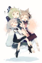  3girls ashiyu_(ashu-ashu) blush blush_stickers brown_hair closed_eyes earmuffs ghost_tail green_eyes green_hair grey_hair hair_between_eyes hat highres japanese_clothes kariginu long_sleeves mononobe_no_futo multiple_girls oerba_yun_fang ofuda ofuda_on_clothes on_lap open_mouth short_hair sleeping sleeveless soga_no_tojiko sweatdrop tate_eboshi touhou toyosatomimi_no_miko 