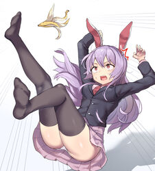  ^^^ absurdres animal_ears arms_up banana_peel black_jacket black_thighhighs blazer breasts collared_shirt commentary_request dress_shirt emphasis_lines feet_up female floating_hair full_body hair_between_eyes highres isemori jacket legs_up long_sleeves looking_up medium_breasts necktie no_shoes panties pink_shirt pink_skirt pleated_skirt purple_hair rabbit_ears red_eyes red_necktie reisen_udongein_inaba shadow shirt simple_background skirt slipping solo surprised sweat tears thighhighs touhou underwear upskirt v-shaped_eyebrows wavy_mouth white_background white_panties 