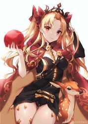  animal artist_name bad_id bad_twitter_id black_dress blonde_hair blush bow breasts cloak commentary deer detached_collar detached_sleeves dress ereshkigal_(fate) fate/grand_order fate_(series) female forehead hairbow highres holding holding_skull hood hooded_cloak kiyochii long_hair panties pantyshot red_bow red_cloak red_eyes short_dress single_detached_sleeve skull skull_ornament small_breasts solo spine symbol-only_commentary thigh_gap thighs tiara two-sided_cloak two-sided_fabric two_side_up underwear watermark white_background yellow_cloak 