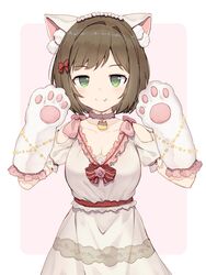  animal_ear_fluff animal_ears animal_hands bow breasts brown_hair cat_ears choker collarbone fake_animal_ears fang_out female frills gloves green_eyes hairbow hands_up highres idolmaster idolmaster_cinderella_girls looking_at_viewer maekawa_miku medium_breasts oerba_yun_fang paw_gloves shirt shone short_hair simple_background skirt smile solo white_shirt white_skirt 