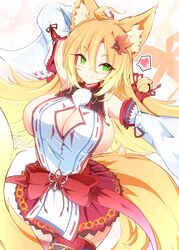  ahoge animal_ears bare_shoulders blonde_hair blush brave_girl_ravens breasts cleavage cleavage_cutout clothing_cutout commentary detached_sleeves eyes_visible_through_hair female fox_ears fox_girl fox_tail green_eyes hair_between_eyes hair_ornament heart highres large_breasts leaf_hair_ornament leqz5945 long_hair looking_at_viewer miniskirt nariko_(brave_girl_ravens) nontraditional_miko print_skirt red_skirt red_thighhighs sideboob skirt solo spoken_heart tail thighhighs very_long_hair white_sleeves zettai_ryouiki 