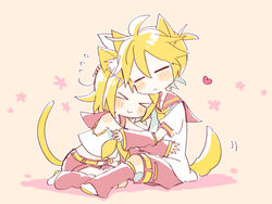  &gt;_&lt; 1boy :&gt; =_= animal animal_ears arm_warmers bare_shoulders black_sailor_collar black_shorts blonde_hair blush_stickers cat_ears cat_tail closed_eyes commentary crop_top dog_ears dog_tail female hair_ornament hairclip hands_on_another&#039;s_head heart hug kagamine_len kagamine_rin kemonomimi_mode leg_warmers light_smile mutual_hug neckerchief necktie pink_background sailor_collar school_uniform shirt short_hair short_ponytail short_shorts short_sleeves shorts sitting spiked_hair suzumi_(fallxalice) tail vocaloid wariza white_shirt yellow_neckerchief yellow_necktie 