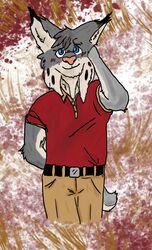  absurd_res anthro bottomwear clothed clothing felid feline hi_res jondrethefurry lynx male mammal nervous nervous_smile polo_shirt shirt solo topwear 